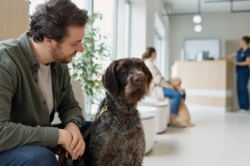 Ein Altdänischer Vorstehhund sitzt brav neben seinem Besitzer in einem modernen, hellen Wartezimmer der Tierarztpraxis.